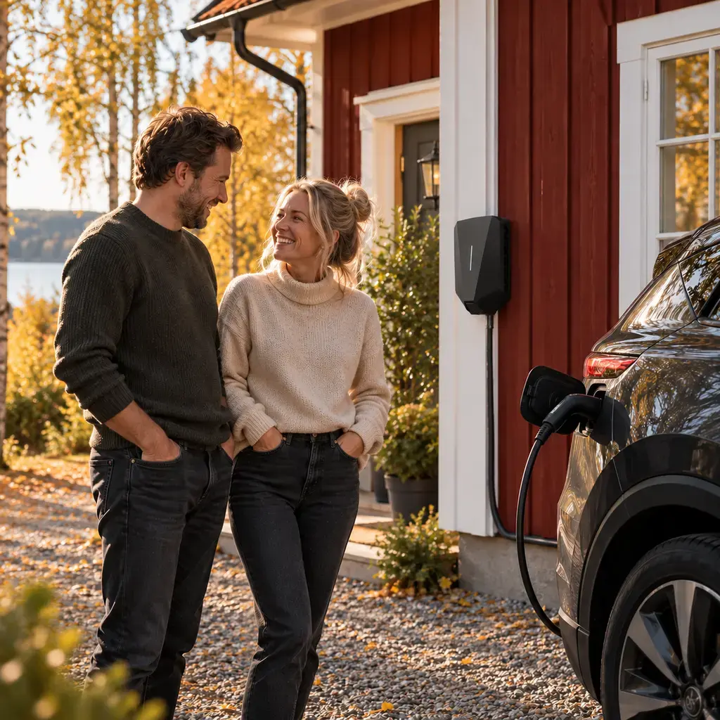 Par framför ett rött hus med elbil som laddas i en laddbox