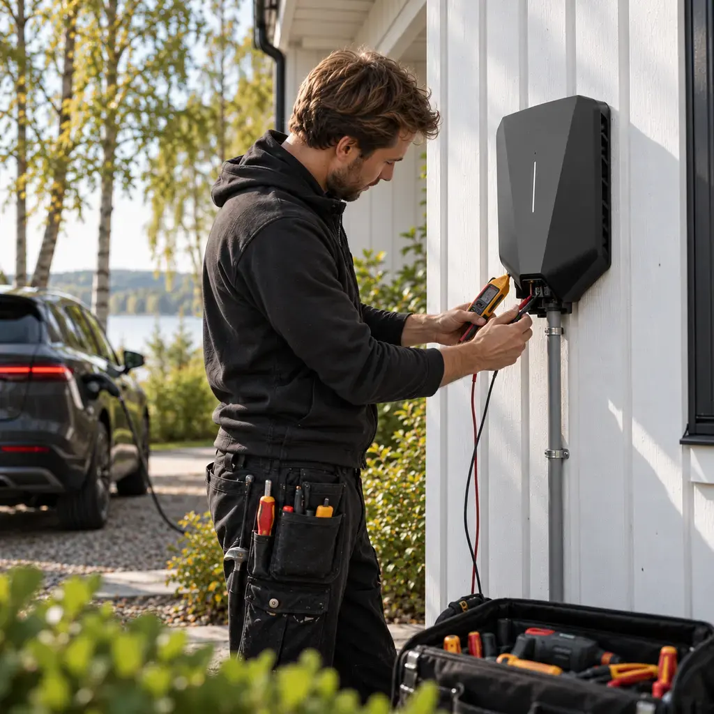 Elektriker som installerar en laddbox på en vit husvägg