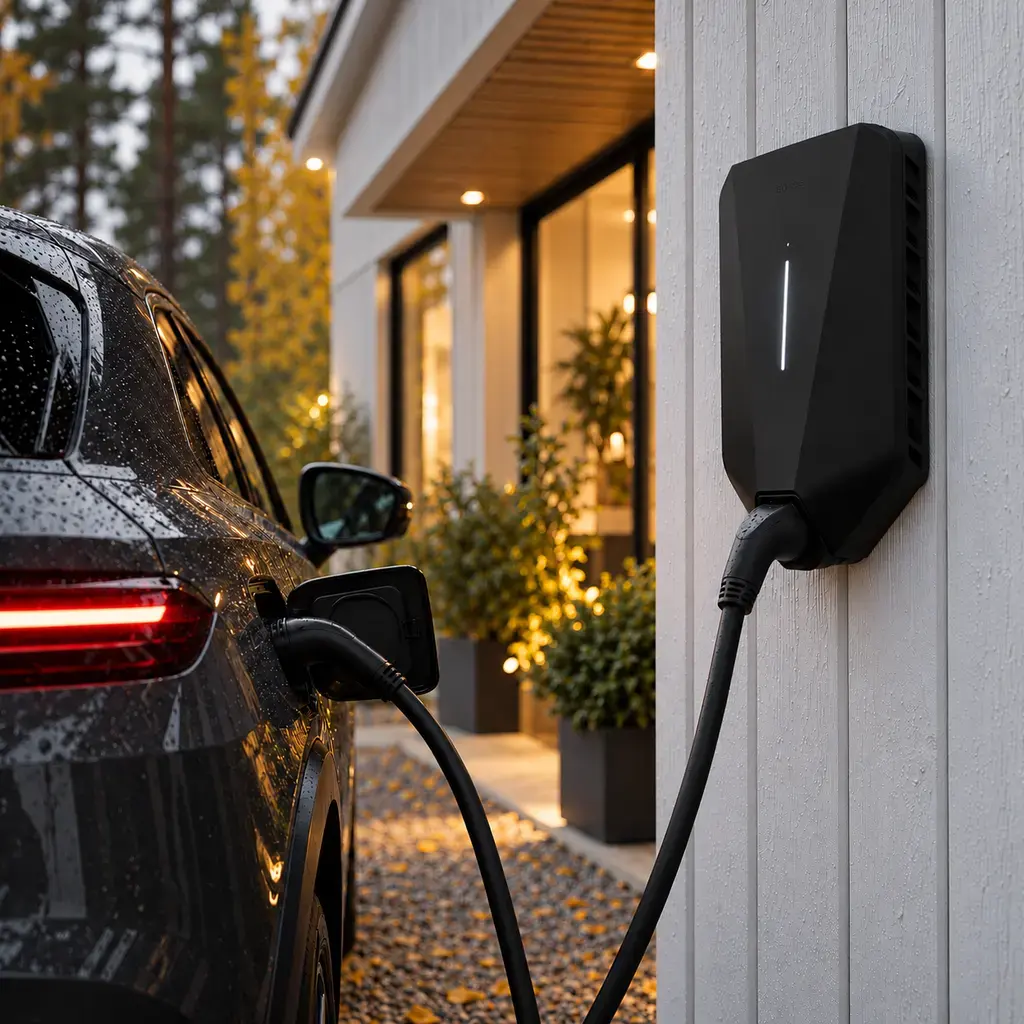 Svart laddbox på en vit husvägg med laddkabel inkopplad i en elbil